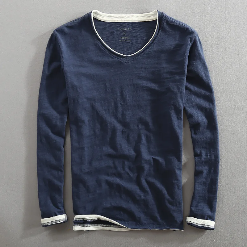 

Mens T Shirts Fashion 2020 Autumn New Cotton T-shirt Men's Thin Section Cotton Long Sleeve V-neck Fake Two-piece Base Tshirt