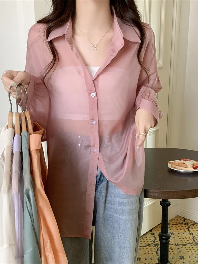 Woherb 2023 Просвечивающая рубашка для женщин блузка с длинным рукавом Женский Летний