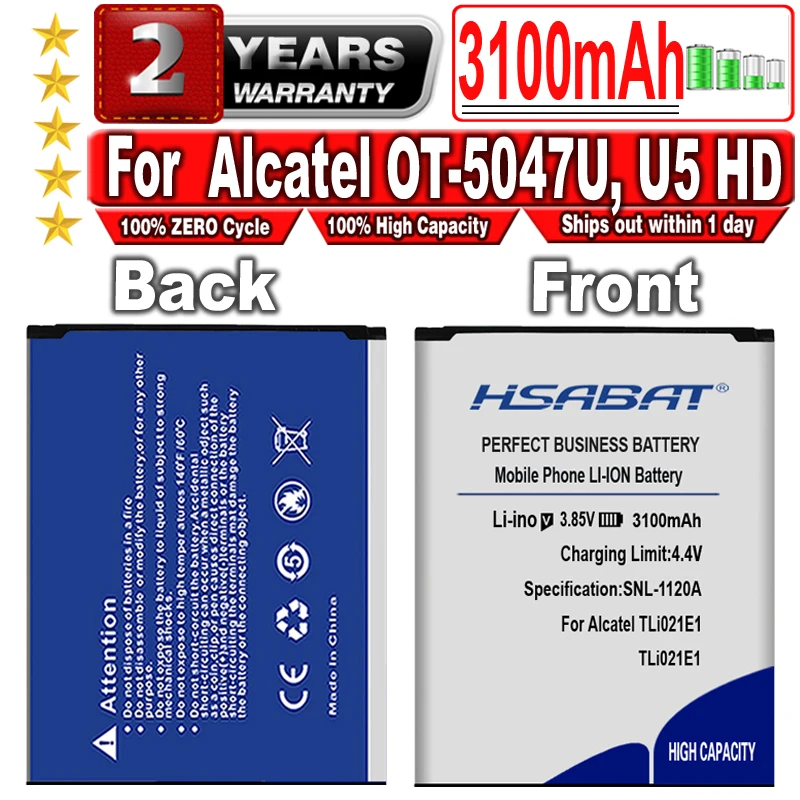 HSABAT 3100mAh TLi021E1 Battery for Alcatel OT-5047U U5 HD CAB2150008C1 |
