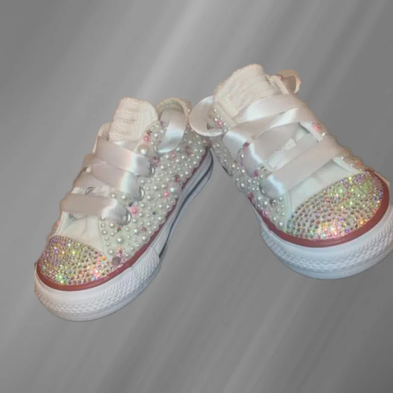 

Beige pink low-top pearl rhinestone ribbon canvas shoes comfortable street shooting handmade pearl vulcanized shoes 35-46