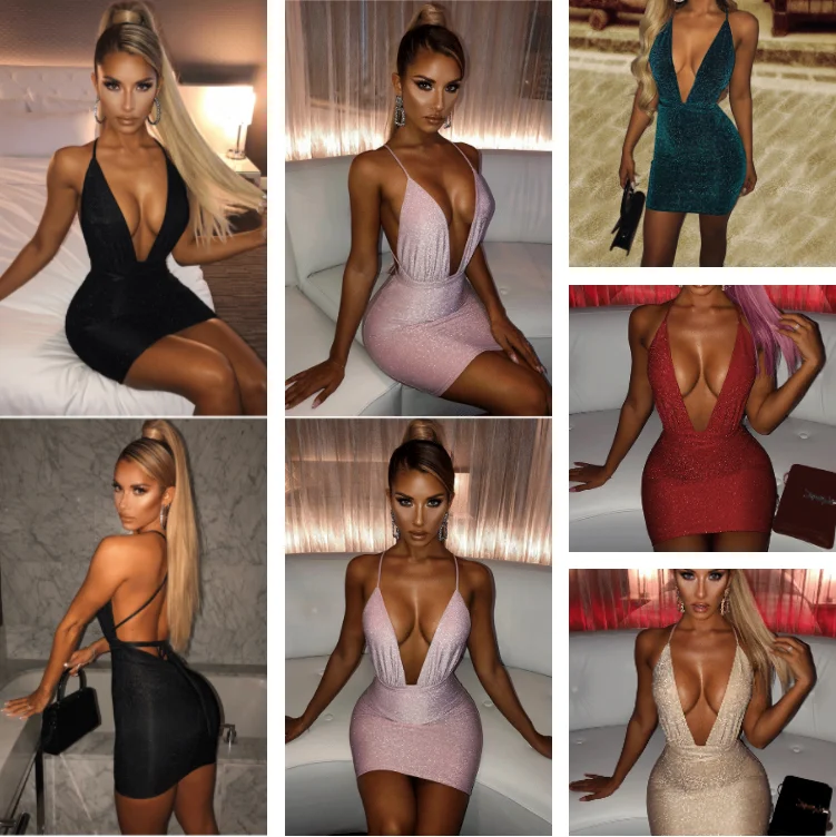 

Woman Dress Sequin Backless Hollow Deep V Backpack Hip Diamond Studded Nightclub Party Halter Sexy Dress Woman Chic and Elegant