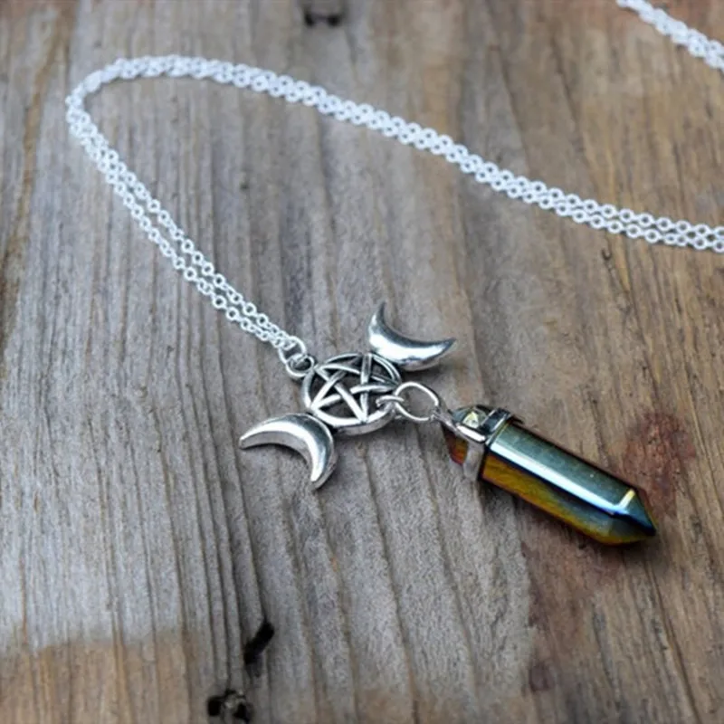 

2022 New Gradient Crystal Natural Stone Hexagon Pendant Necklace Alloy Necklace Clavicle Chain Jewelry