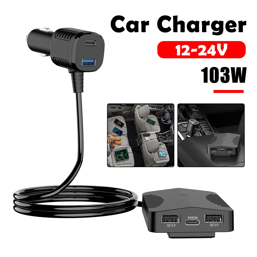 Купи 103W 5-in-1 Car Charger Fast USB C Car Charger PD 3.0 QC 3.0 2.0 SCP FCP PPS Type C Car USB Charger Multi Port With 1.2m Cable за 574 рублей в магазине AliExpress