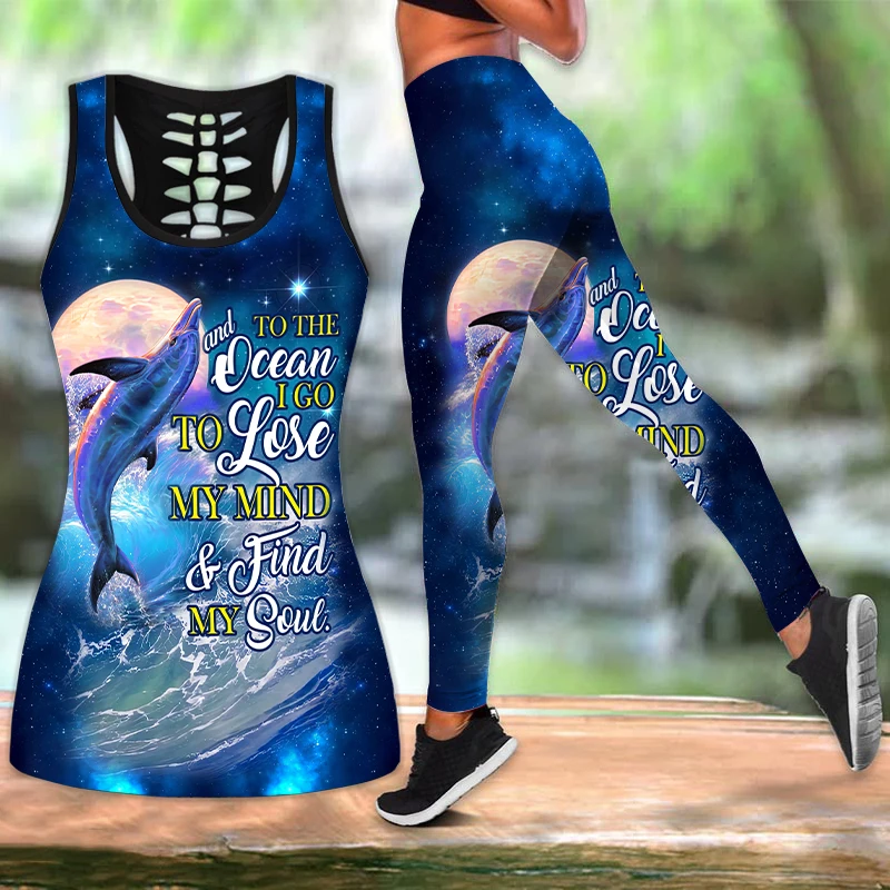 

Summer Hip Tight Women's Slim Dolphin 3D All Over PrintedYoga Pants and Tank Top Fitness Leggings Stretch High Waist Pants