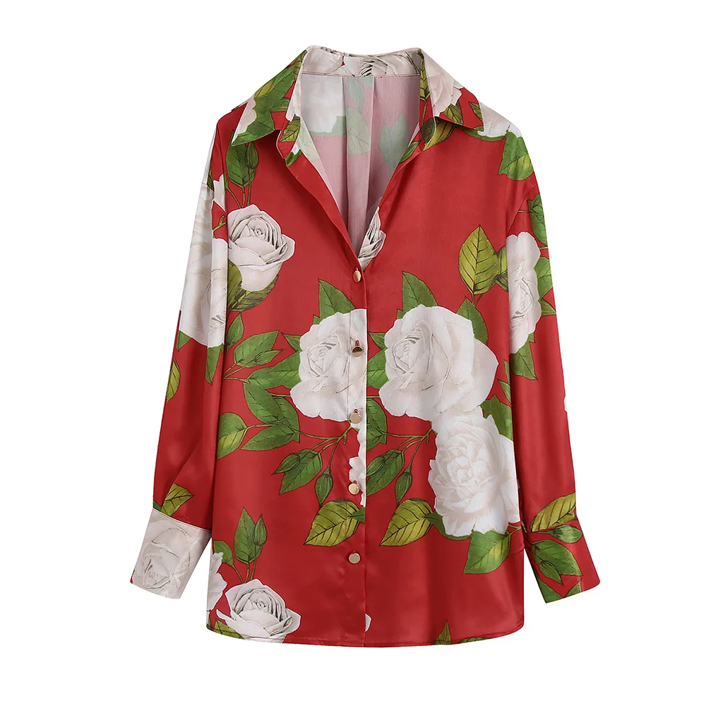 

Tops Women Clothing Collared V Neck Long Sleeve Vintage Floral Print Shirt Button Up Side Vent Hem Satin Oversized Blouse Woman