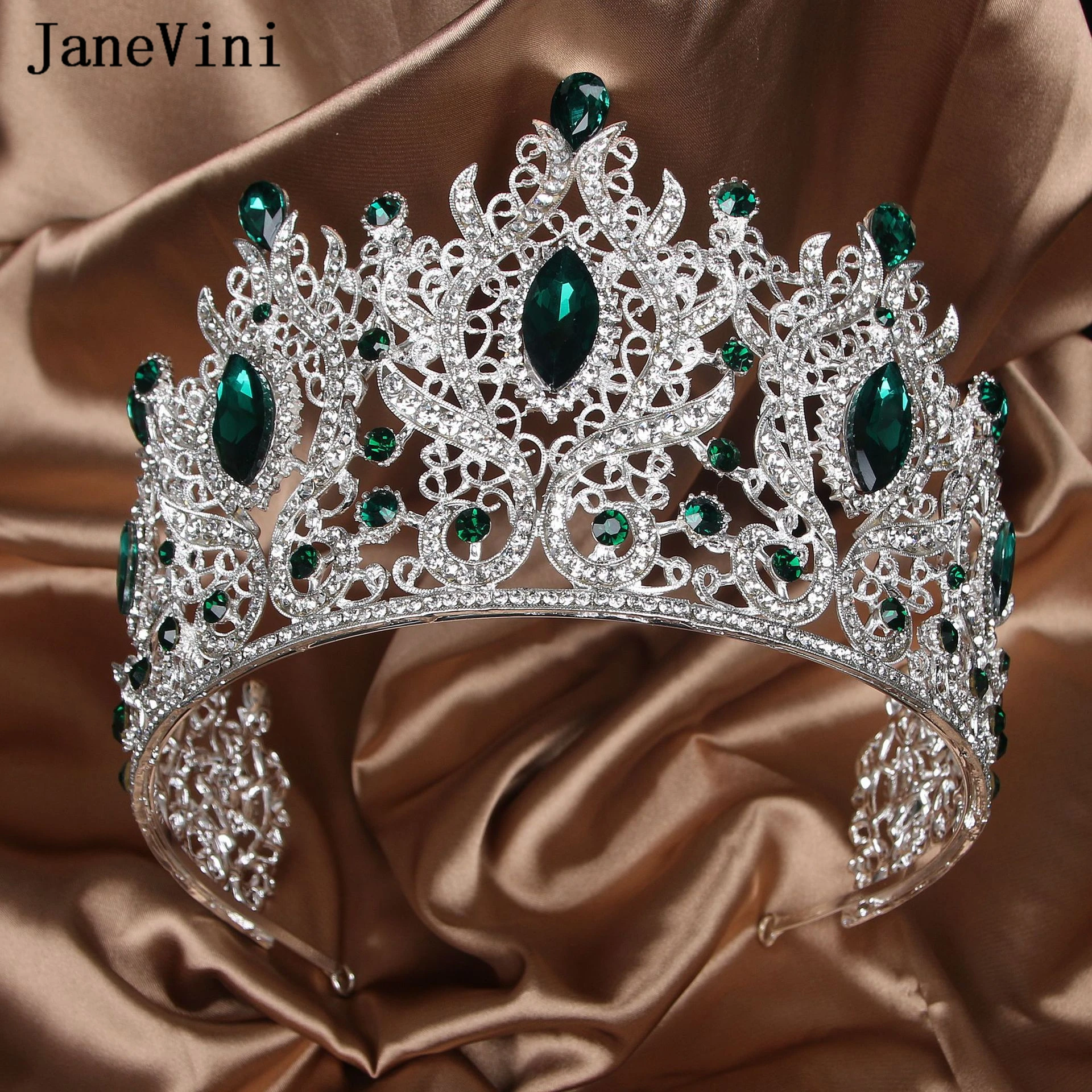 

JaneVini New Luxury Large Green Bridal Crowns Tiaras Rhinestones Beaded Pageant Wedding Hair Accessories for Women Party Jewelry