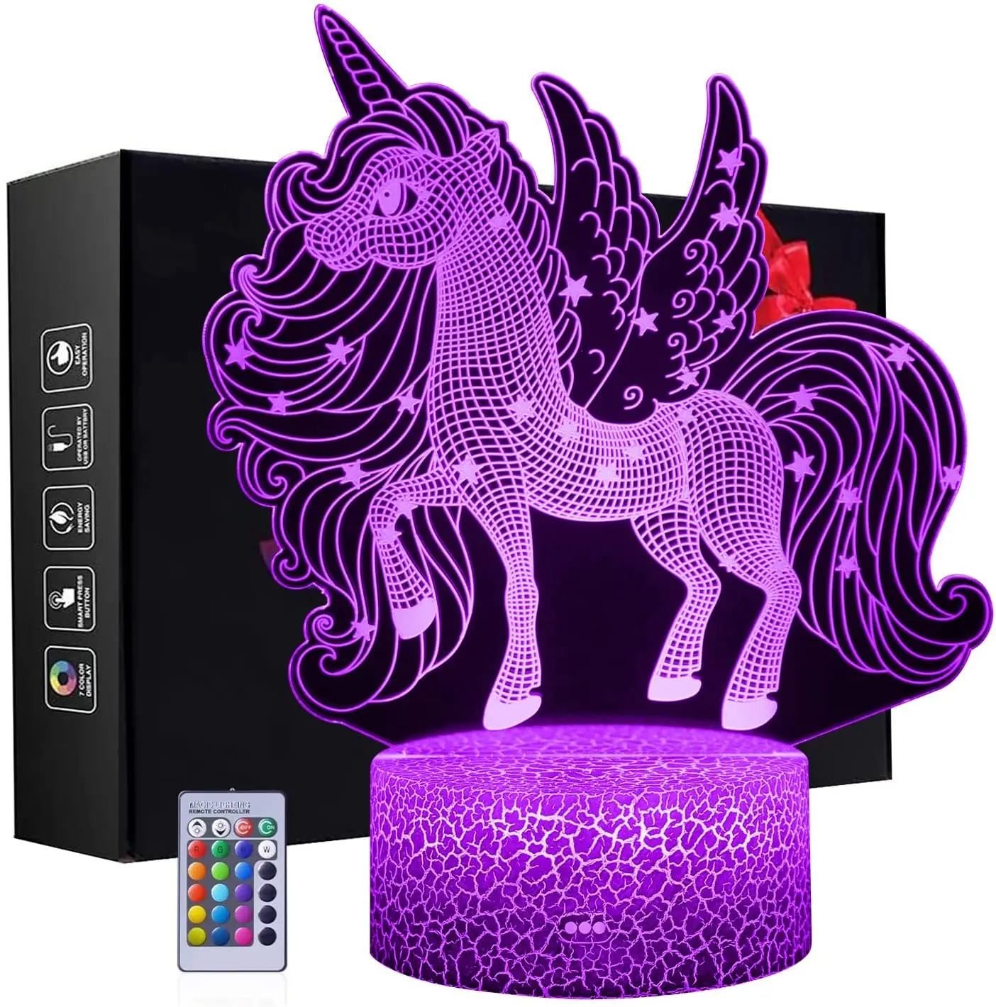 

Ночсветильник с 3D единорогом, светодиодная иллюзионная лампа с дистанционным управлением, 16 цветов, 4 режима вспышки, лучший подарок на Рожд...