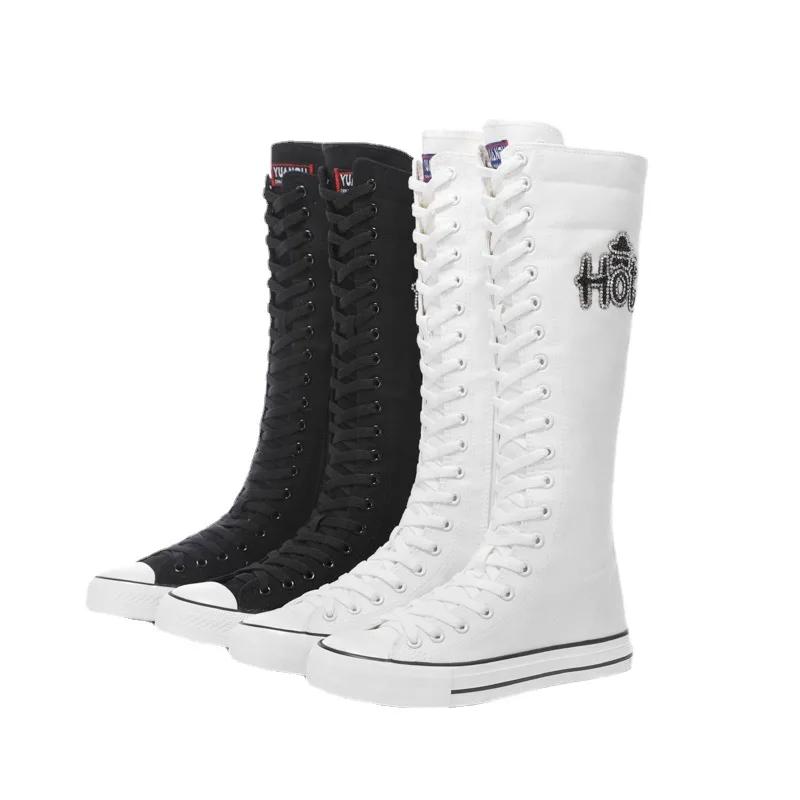 

Боковая молния, подходящая ко всему обувь для доски, гонконгские ботинки Фэн стразы на заказ, Женская Повседневная Длинная парусиновая обув...