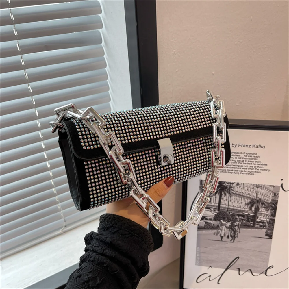 

Diamond studded thick chain small square bag Amoi popular Korean version bright diamond texture design portable shoulder bag