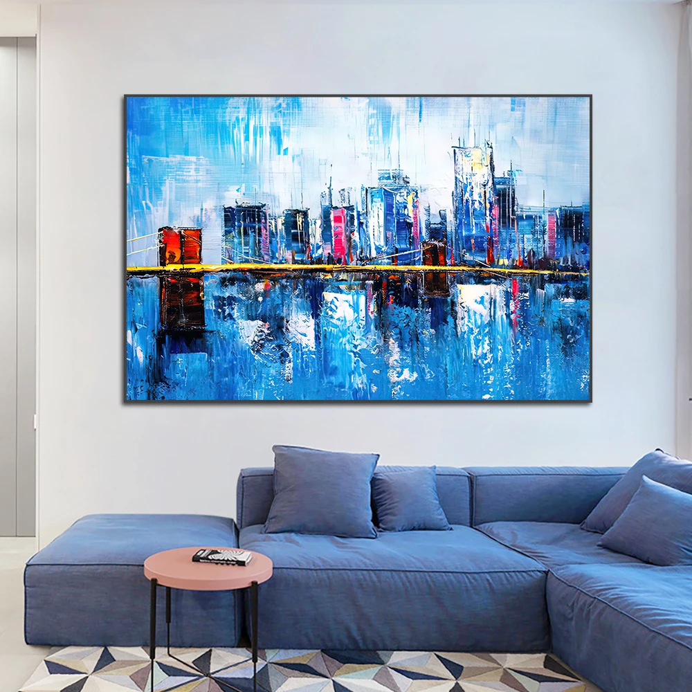 

Abstract Textured Blue Building Oil Painting 100% Hand Painted Modern Canvas Painting Wall Art For Living Room Home Decor