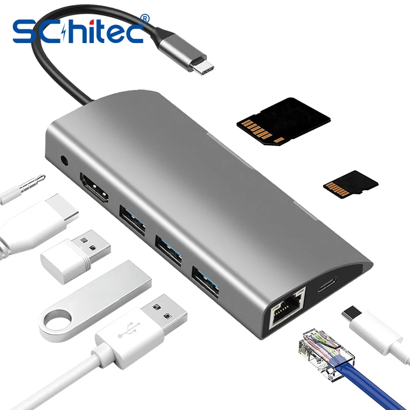 

Schitec USB C HUB USB to Multi HDMI-Compatible 4K USB 3.0 RJ45 Carder Reader OTG Adapter USB Splitter for MacBook Pro Air HUB