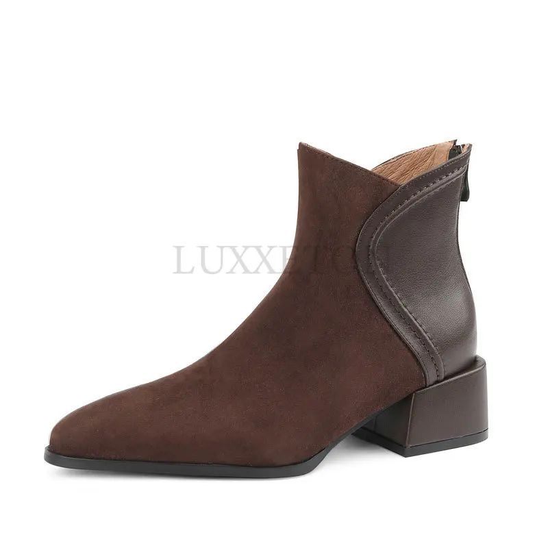 

Fall Shoes Women Sheep Suede Ankle Boots Round Toe Chunky Heel Boots for Women Winter Mature Women Boots Zipper Modern Boots