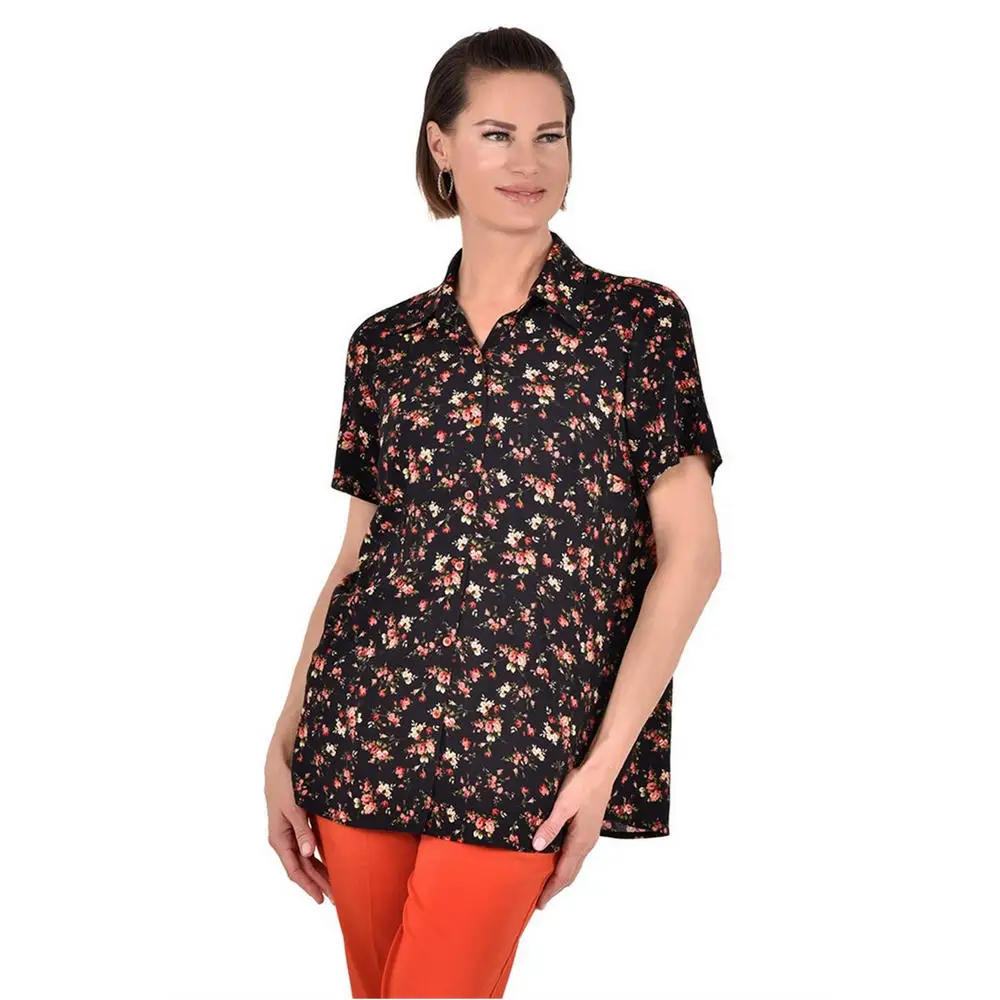Fella women large size shirt CcBotella collar button closure short sleeve sports flower pattern black
