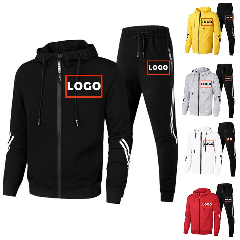 Custom LOGO Men Tracksuit Zipper Jacket and Pants 2 Pieces Set High Quality Streetwear Casual Fashion Male Suit