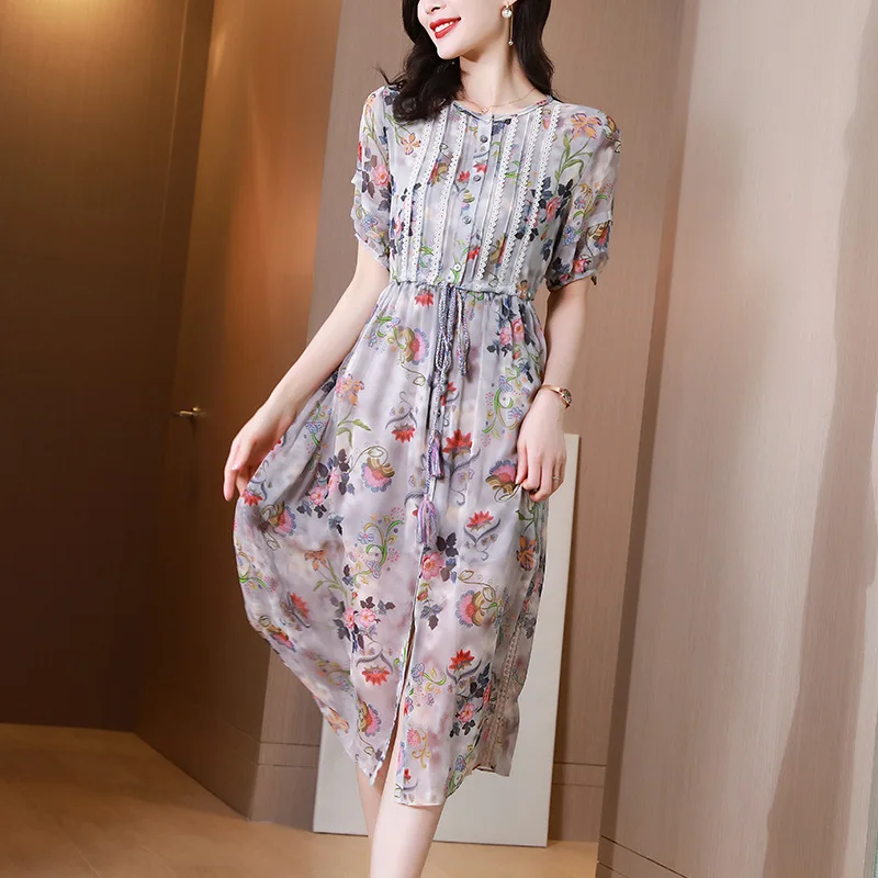 New Fashion Silk Womens Dresses New Summer Silk Printed Lace Midlength Dress for Women