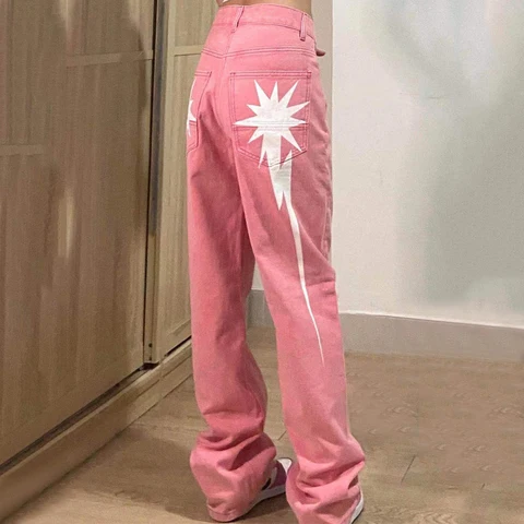 Women's Jeans High Waist  Fashion Pink Streetwear  Printed Jeans Women's Baggy Wide Leg Trouser Casual Mom Straight Jeans Y2k