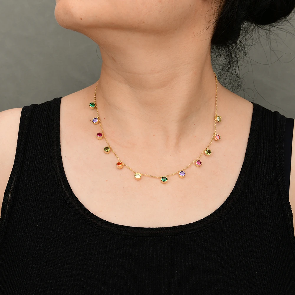 

GG Jewelry 18" Multi Color Cubic Zirconia Pave Yellow Gold Plated Chain Necklace CZ Pendant Cute Simple Jewelry For Lady Girls