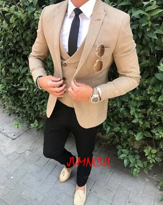 

Custom Made 3 Pieces Khaki Brown Men Suits Slim Fit Smart Business Casual Male Blazer Jacket Black Pants Wedding Party Prom Suit