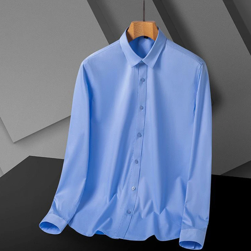 New autumn and winter  elastic bamboo fiber men's solid color long sleeve shirt, no trace, no iron business casual shirt