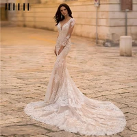 gorgeous lace long sleeve mermaid wedding dresses 2022 tulle bridal gown for women court train v neck appliques button back