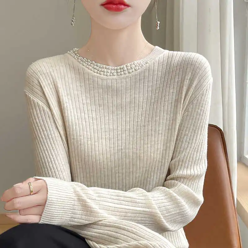 Женский однотонный пуловер в полоску шерстяной свитер с круглым вырезом и