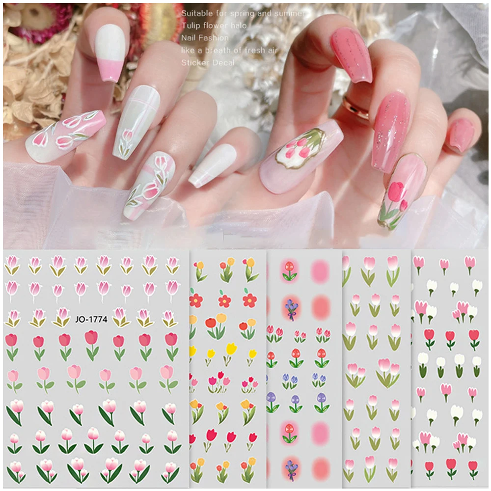 

Pink Tulip Nails Art Sticker Fresh Girl Flowers All-match 3D Charm Manicure Decals Sliders DIY Adhesive Manicure Decora Tips Hot