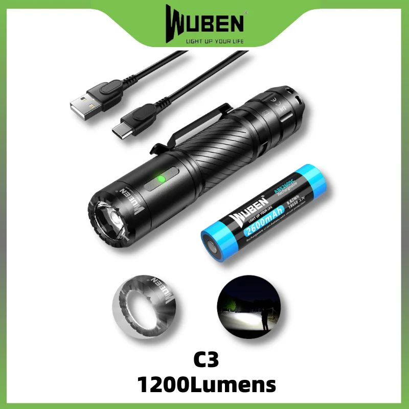 

WUBEN C3 светодиодный фонарик USB Type-C перезаряжаемый 1200 люмен IP68 водонепроницаемый фонарь для кемпинга 18650 батарея включена