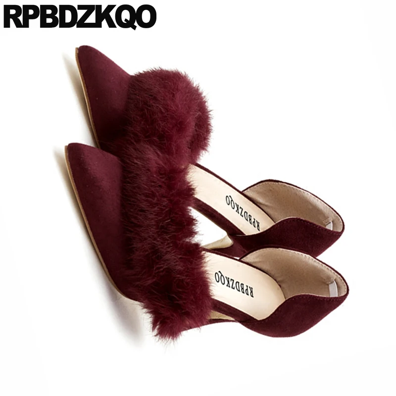 насосы милая 2018 обнаженный мех котенок сандалии Slingback Указательный палец средняя