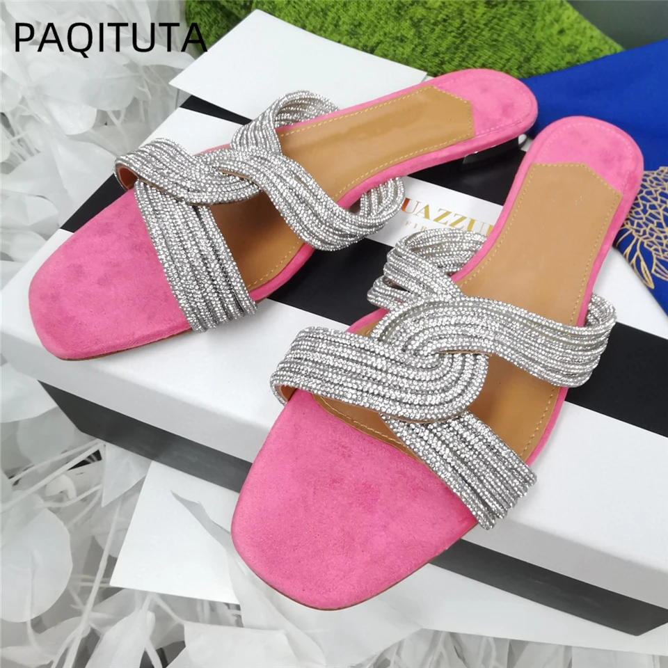 

Twist Crystal Embellished Narrow Band Slippers Women Flat Heel Luxury Suede Sexy Open Toe Slim Summer Outwear Mules