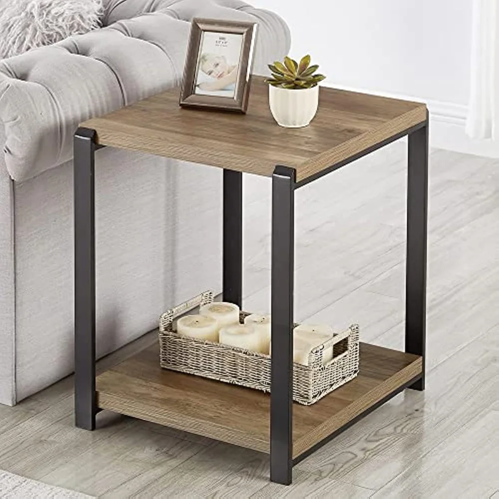 

Industrial End Table, Square Side Table with Storage Shelf for Living Room, Wood and Metal Nightstand, Oak