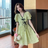 2022 new summer womens v neck lace up dress fashion light luxury puff sleeve a line skirt temperament elegant ladies clothes