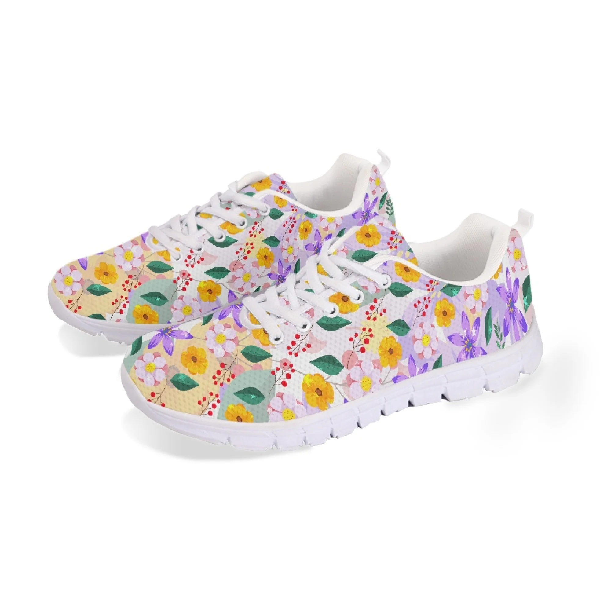 Yikeluo Green Leaves Flowers Print Women Flats Shoes Casual Sneakers Lace-up Air Mesh Ladies Comfort Sneakers Zapatillas Mujer