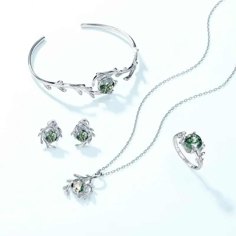 Ожерелье из стерлингового серебра 925 пробы с натуральным моховым агатом 7*7 мм для