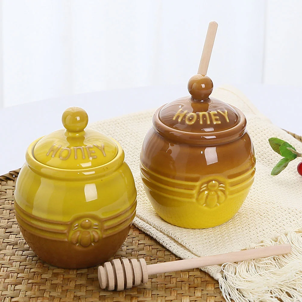 

Ceramic Honey Pot with Dipper and Lid Retro Honey Dispenser for Home Syrup Candy Jar and Tea Storage Canister