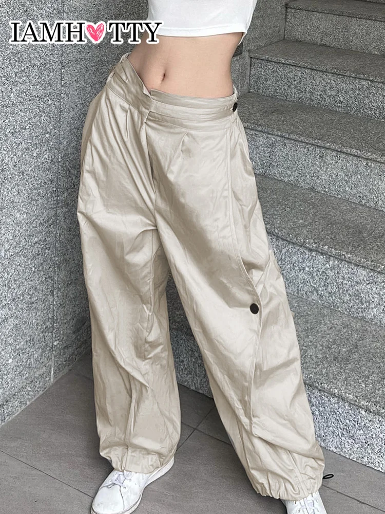 

IAMHOTTY Khaki Baggy Cargo Pants High Waist Vintage Grunge Streetwear Joggers Sports Casual Sweatpants Y2K Techwear Trousers 90s
