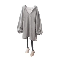 thin v neck long sleeved hooded sweater womens spring and autumn solid color loose top pullover