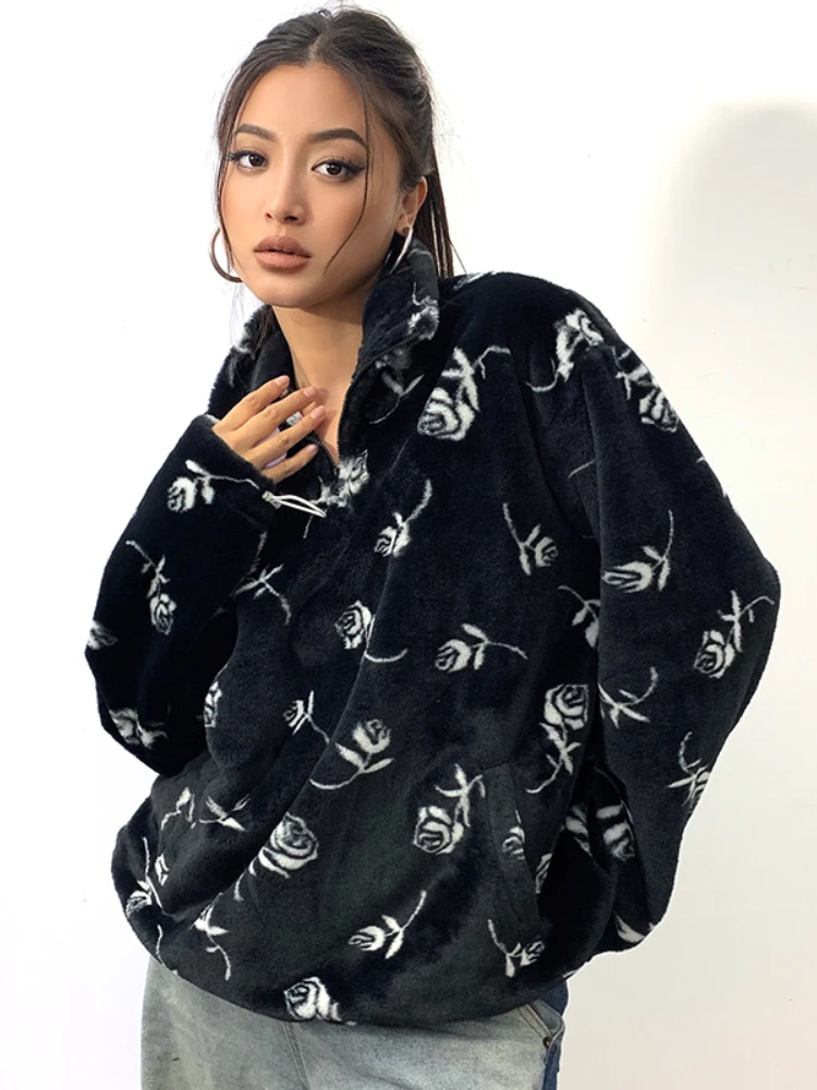 WieYao 2022 Winter Fluffy Faux Fur Coats For Women Floral Print Zip Up Stand Collar Full Sleeve Oversized Pullover Sweatshirts