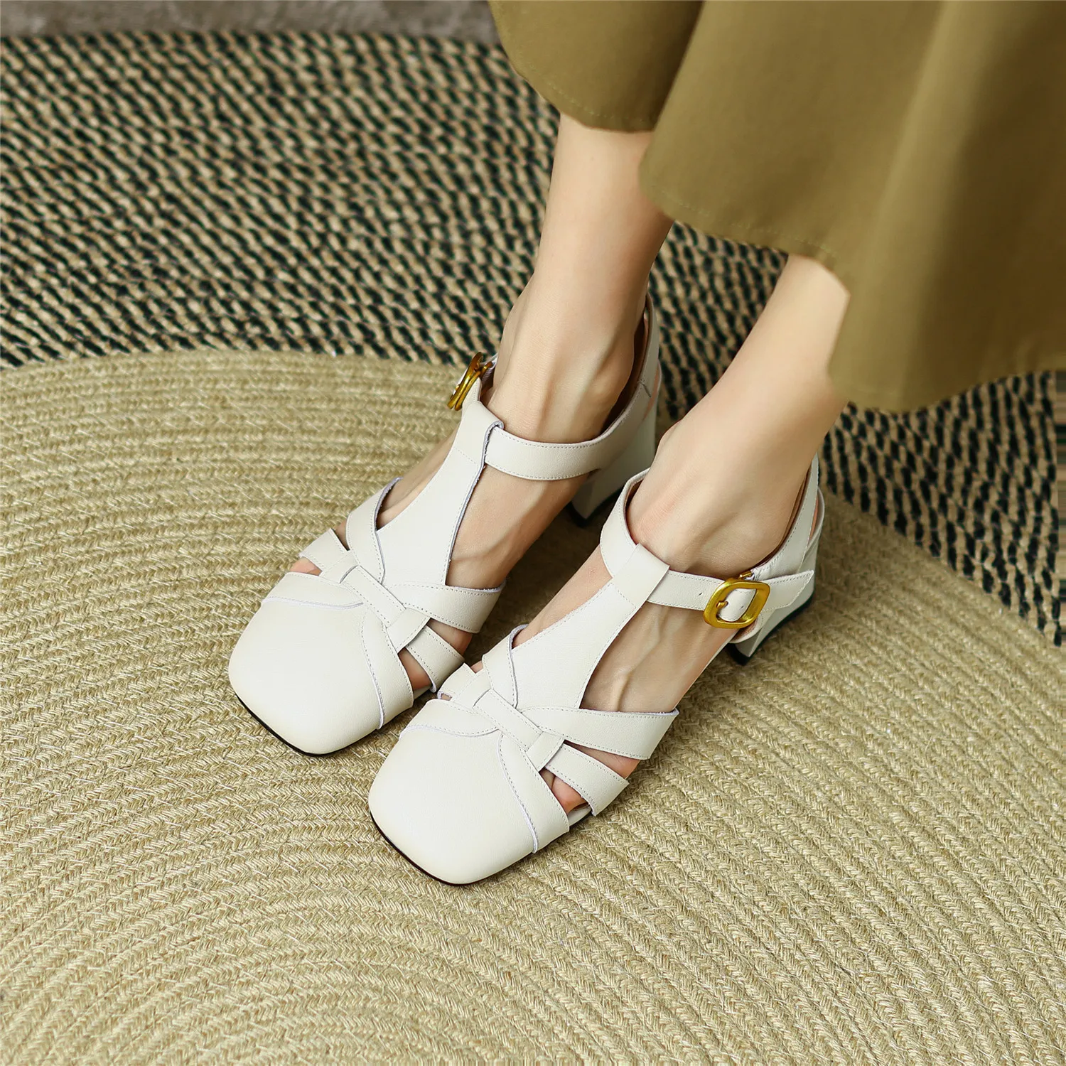 Women Sandals 2023 Summer New Luxury Genuine Cow Leather High Block Heel Buckle Pure Handmade Quality Casual Shoes Big Size 42