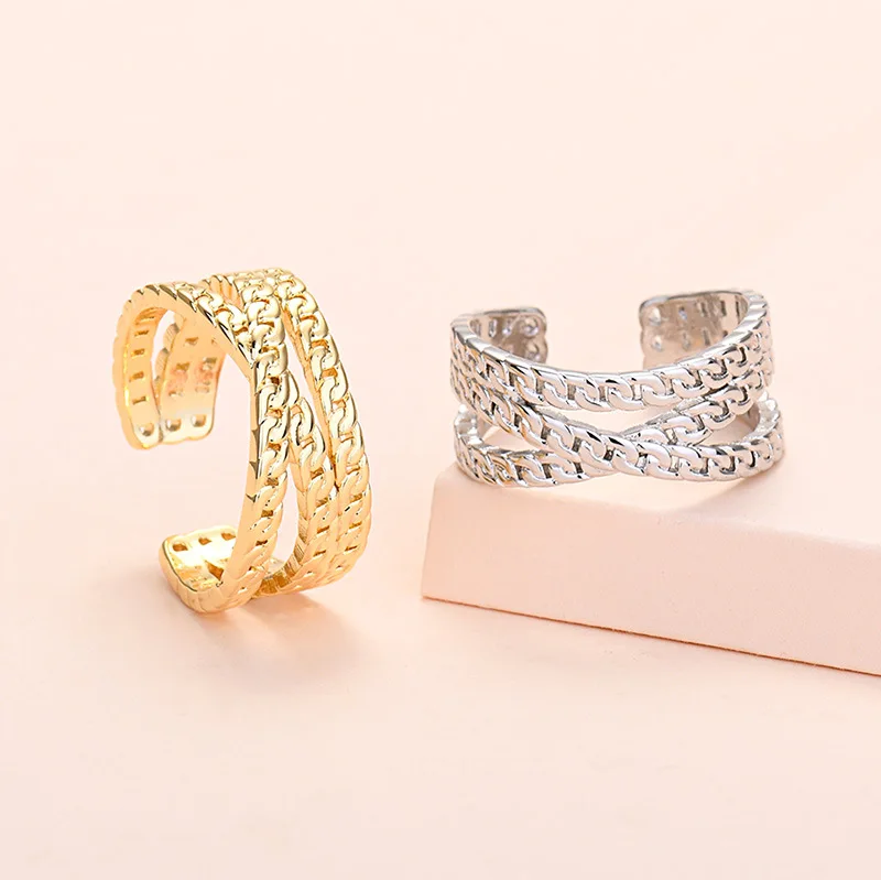 

New 2022 Designer's Hand-made Silver Cross Chain Ring Multilayer Opening Ring