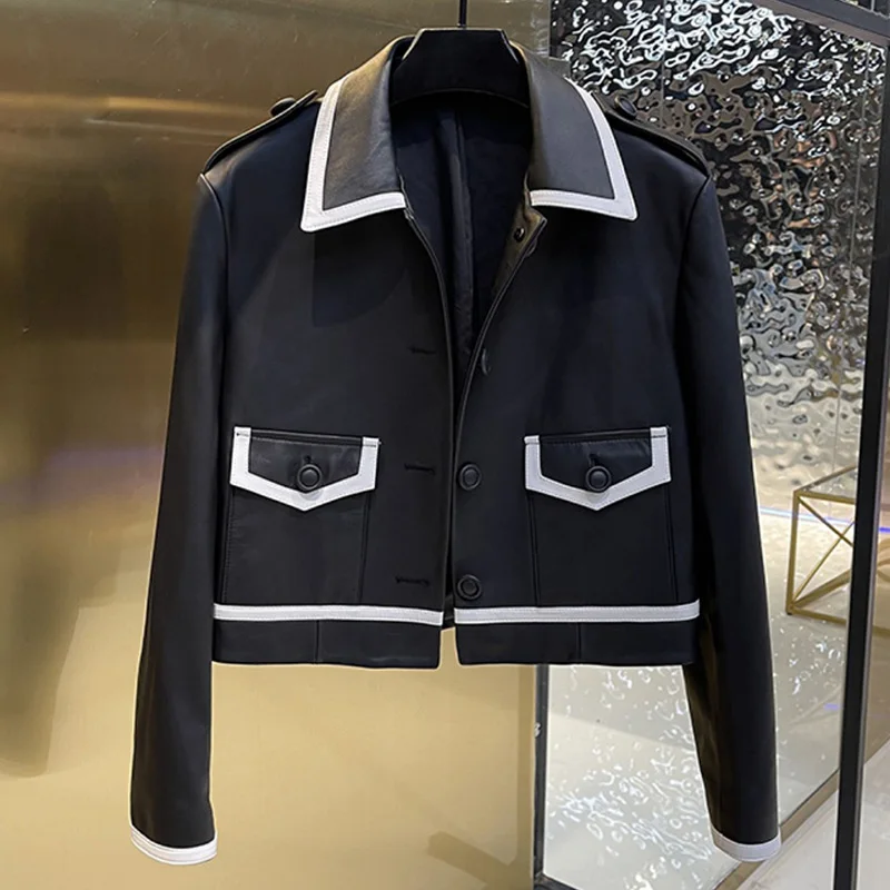 Women's Leather Jackets Crop Sheepskin Leather Coats Single-Breasted Button Motorcycle Biker Jackets 2022 New Autumn TF4801
