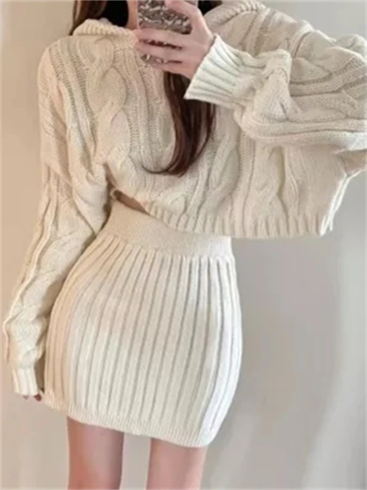 

Women Sweater Winter 2 Piece Sets Elegnat Knitted Suits Female Sweaters Vintage Womens Skirt High Waist Autumn Vintage Vestidos