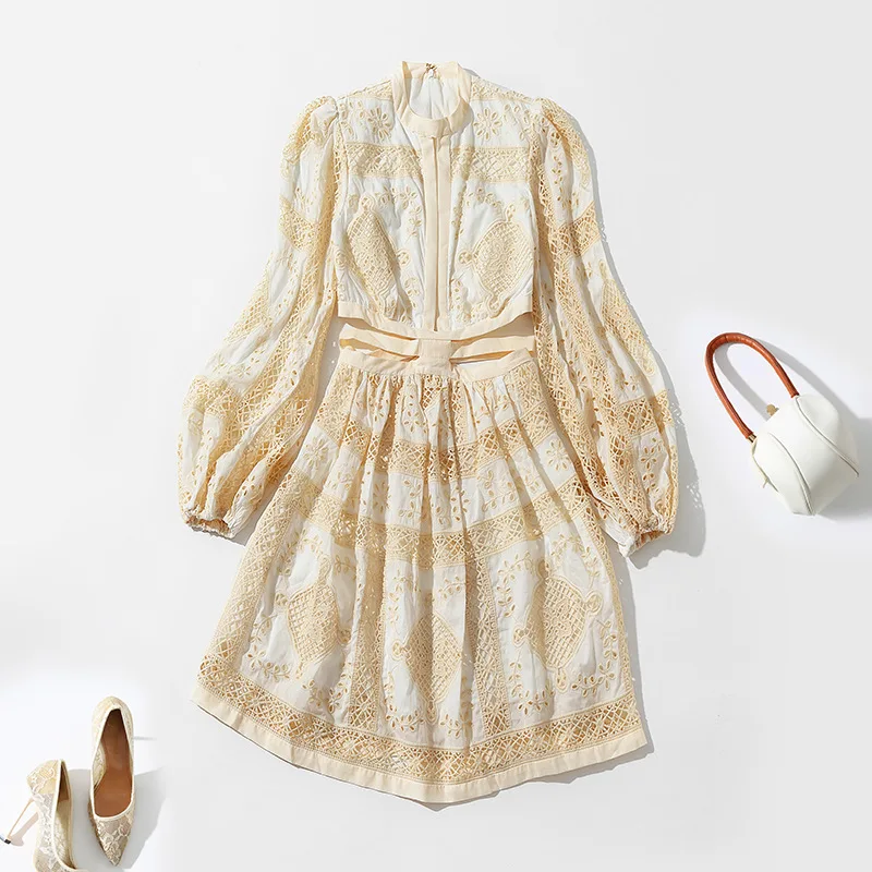 

high end women's 2022 new summer round neck Lantern Sleeve waist hollowed out design light luxury cotton linen dress