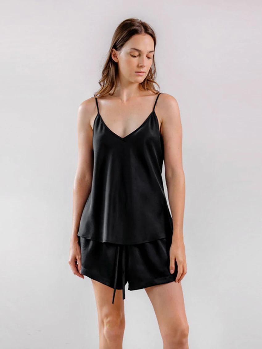 Marthaqiqi Sexy V-Neck Women'S Pajama Set Sleeveless Nightwear Spaghetti Strap Sleepwear Drawstring Shorts Femme Summer Homewear