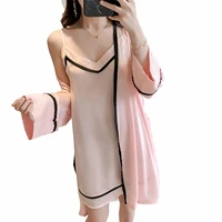 womens sexy pajamas womens summer thin ice silk suspender nightdress spring and autumn long sleeve two piece suit