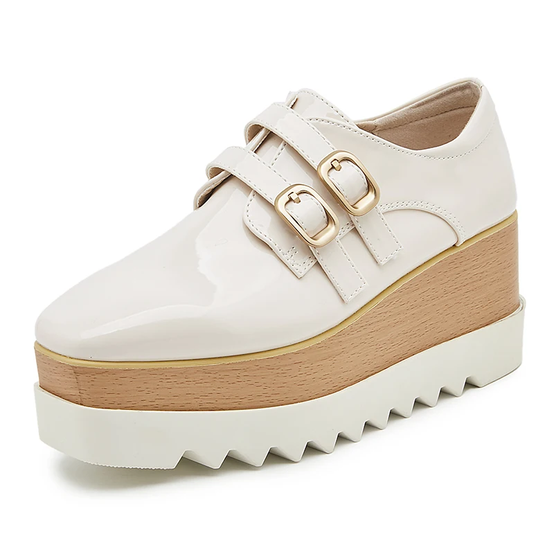 8cm Heeled Platform Wedges Shoes Womens High Heels Casual Lazy Shoes Square Buckle Wedge Creepers Pumps Damen Black