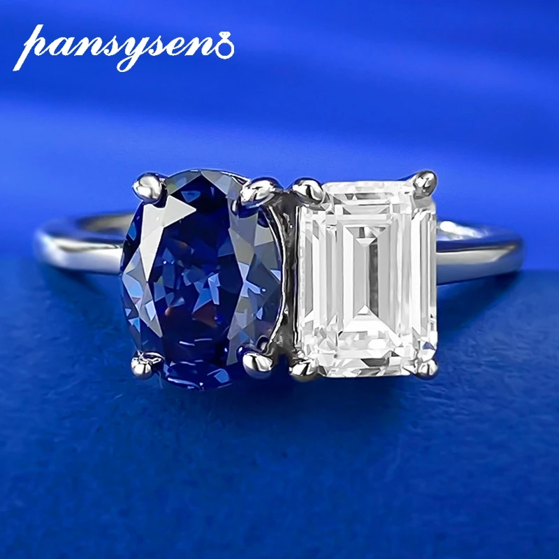 

PANSYSEN Vintage 925 Sterling Silver 6x8MM Created Tanzanite High Carbon Diamond Gemstone Ring 18K White Gold Plated Jewelry
