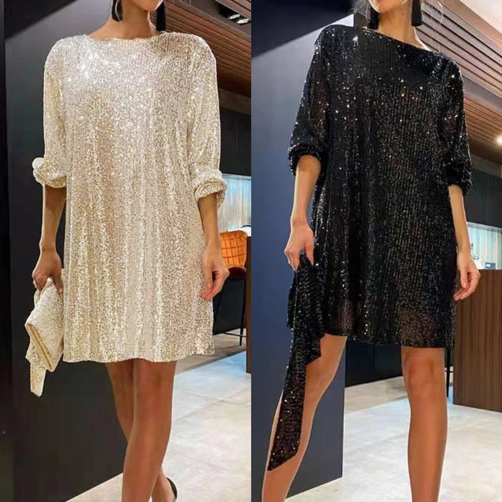 

Women Short Dress Lace-up Sequins Ladies Party Evening Dress Long Sleeve with Belt Sparkly Elegant Fashion Female Vestidos 2023