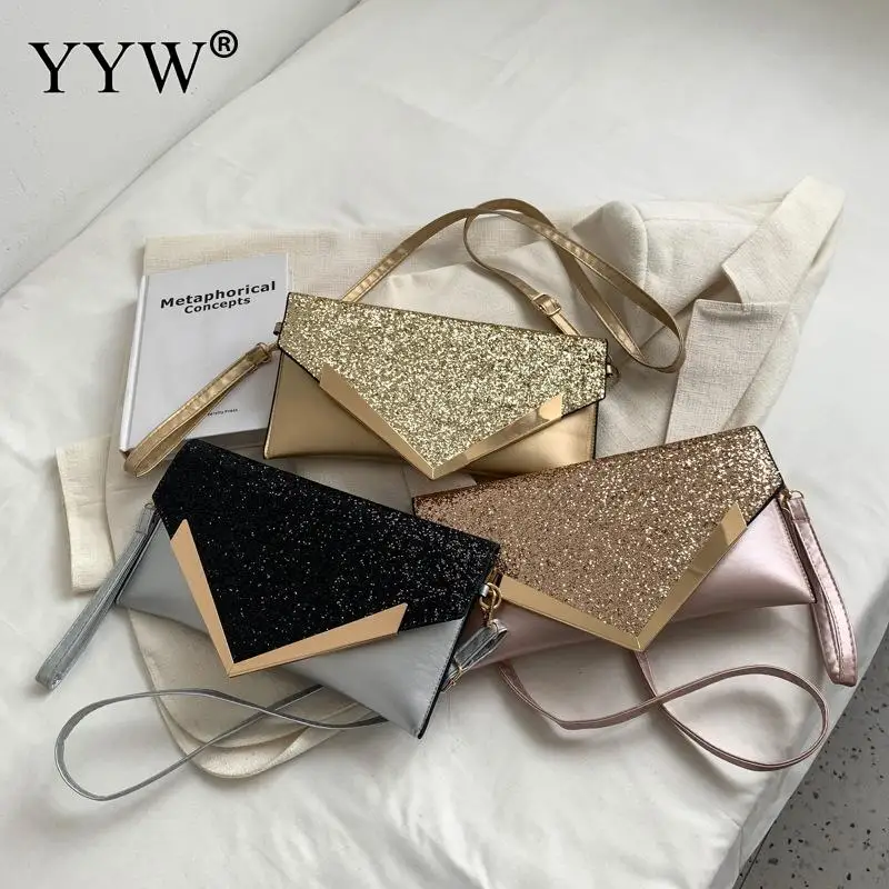 Fashion Glitter Sequins Envelope Evening Party Bag PU Leather Clutch Messenger Wallet Purse for Women Wristlet Shoulder Handbag