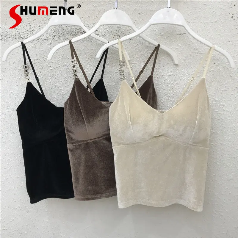 

Sexy Pleuche Sling Women's Spring Autumn Slimming Inner V-neck Pleated Diamond Inlaid Short Crop Top Backless Bottoming Vest