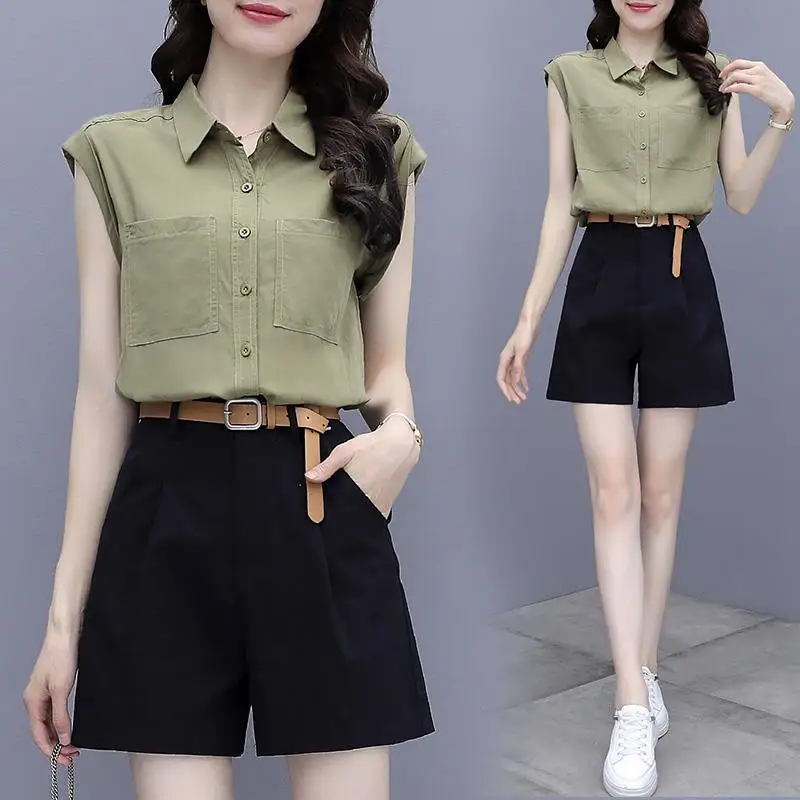 

2022 Women's Summer Fashion Suits Female Solid Color Buttons Shirts and Loose Wide Leg Shorts Ladies Two-piece Sets Q144